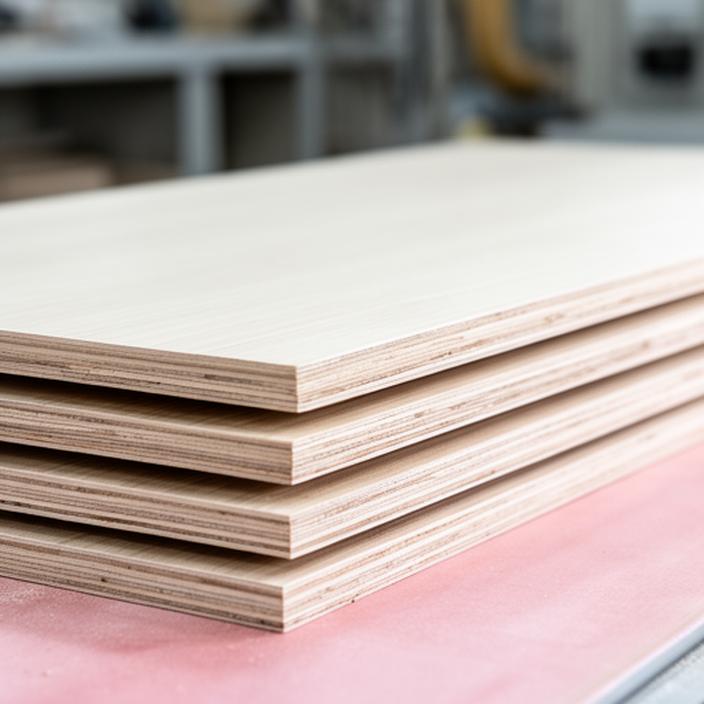 Technische Holzplatten in sauberer Stapelung mit sichtbaren Furnierkanten und Werkstattumgebung
