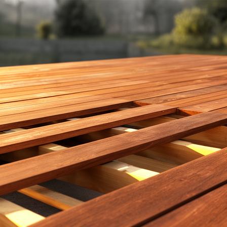 Holzterrasse mit warmen Dielen und Blick auf die saubere Unterkonstruktion
